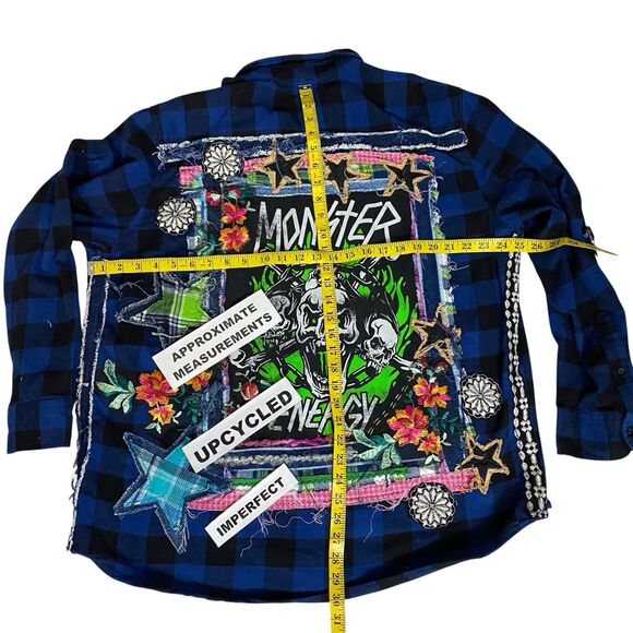 Upcycled Flannel Shirt Shacket Womens 1X Monster Grunge Patchwork Folk Art - Picture 13 of 16